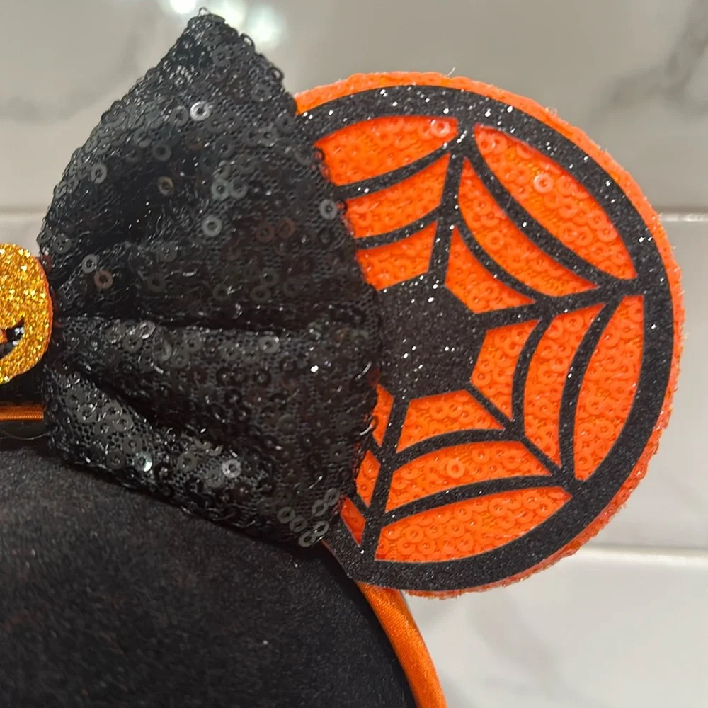 Halloween Pumpkin Minnie Mouse Sequin Ears Headband NEW Bow Spider Webs